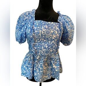 Blue Delft Top CeCe White Floral Cotton Blouse Puff Sleeve Coquette Small NWT